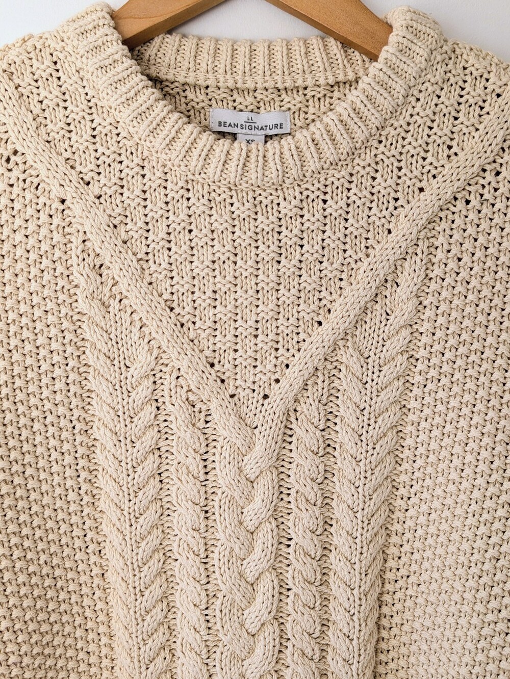LL Bean Cotton Fisherman Cream Cable Knit Crewneck Sweater - Picture 4 of 12